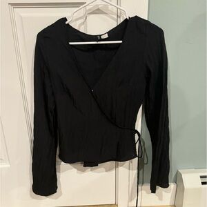 Black satin front wrap blouse